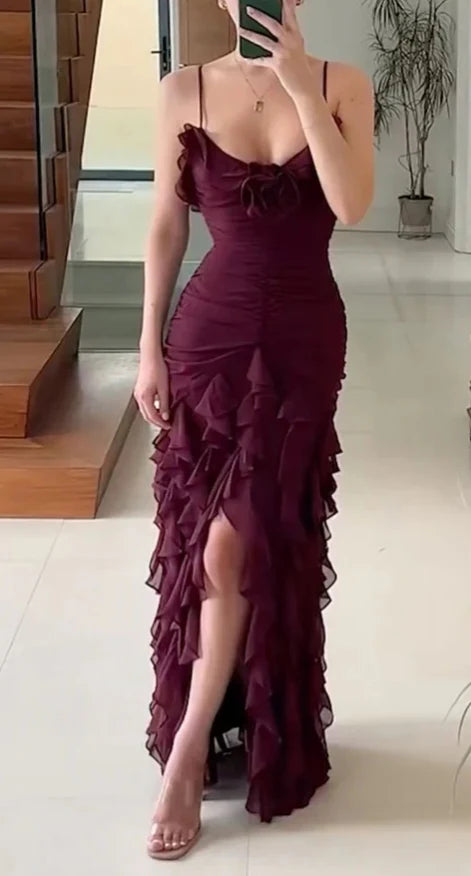 Lila Mode Elegant Spaghettiträger Lange Chiffon Rüschen Ballkleid Abendkleid Urlaub Partykleid Hochzeitsgast Kleid Ballkleid nv3826