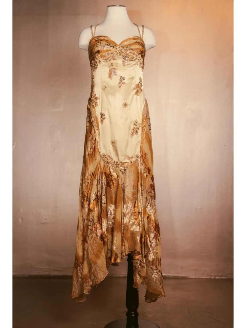 Gold Floral Elegant Long Satin Prom  Dress Evening Dress Party Dress nv4696