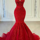 Rotes, ärmelloses, eng anliegendes, mit Perlen besetztes Meerjungfrau-Abendkleid mit langer Ballkleiderlänge nv2839
