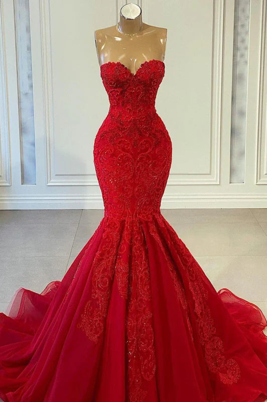 Rotes, ärmelloses, eng anliegendes, mit Perlen besetztes Meerjungfrau-Abendkleid mit langer Ballkleiderlänge nv2839