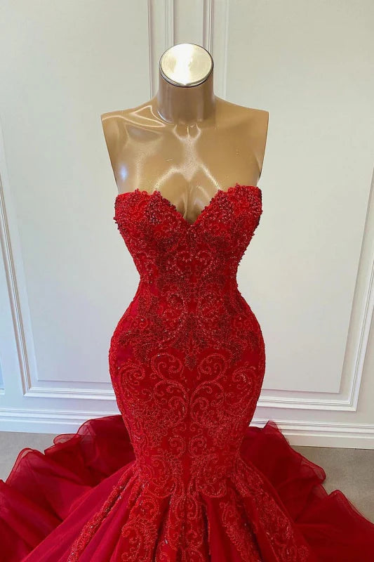 Rotes, ärmelloses, eng anliegendes, mit Perlen besetztes Meerjungfrau-Abendkleid mit langer Ballkleiderlänge nv2839