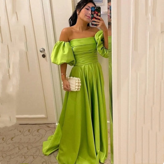 Schulterfreie Promi-Kleider, lang, A-Linie, Satin, Abendkleid, nv1644