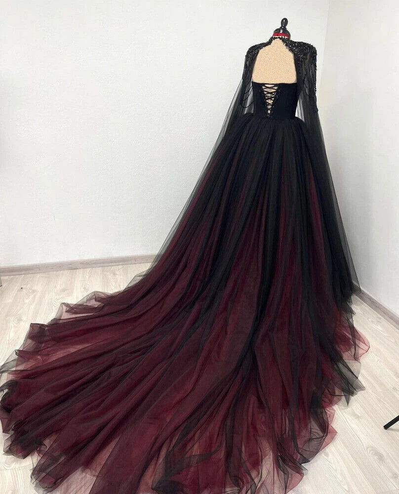 Sleeveless Black-Red Gradient Tulle Gown | Luxury Glam Cape Beaded Strapless Train Dress for Gala Ball NV6298