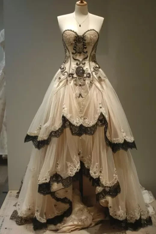 Dark Gothic Style Beige-Black Contrast Lace Strapless Ballgown - Retro Theme Dinner & Cosplay Dress NV6393