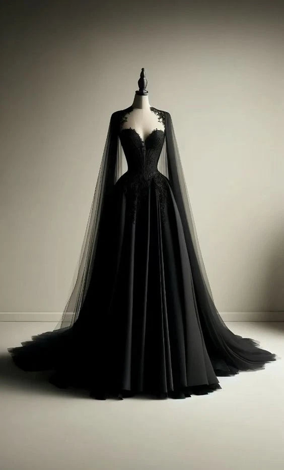 Dark Gothic Style Black Satin Lace Cape Train Gown - Witch Theme Dinner & Cosplay Dress NV6378