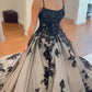 Dark Lace Gray-Black Gradient Gown | Glitter Tulle Train Strapless/Spaghetti Strap Evening Party Showstopper Dress NV6323
