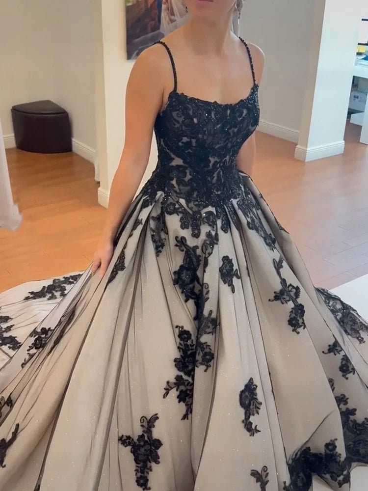 Dark Lace Gray-Black Gradient Gown | Glitter Tulle Train Strapless/Spaghetti Strap Evening Party Showstopper Dress NV6323