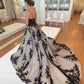Dark Lace Gray-Black Gradient Gown | Glitter Tulle Train Strapless/Spaghetti Strap Evening Party Showstopper Dress NV6323
