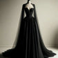 Dark Gothic Style Black Satin Lace Cape Train Gown - Witch Theme Dinner & Cosplay Dress NV6378