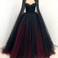 Sleeveless Black-Red Gradient Tulle Gown | Luxury Glam Cape Beaded Strapless Train Dress for Gala Ball NV6298