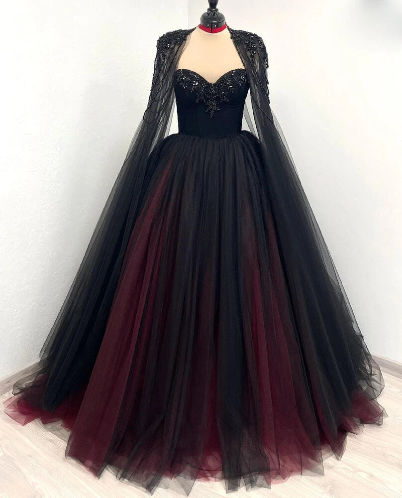 Sleeveless Black-Red Gradient Tulle Gown | Luxury Glam Cape Beaded Strapless Train Dress for Gala Ball NV6298