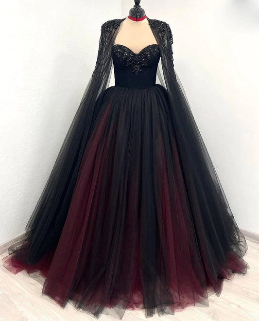 Sleeveless Black-Red Gradient Tulle Gown | Luxury Glam Cape Beaded Strapless Train Dress for Gala Ball NV6298