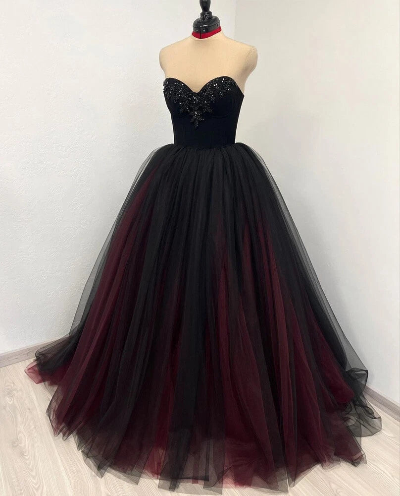 Sleeveless Black-Red Gradient Tulle Gown | Luxury Glam Cape Beaded Strapless Train Dress for Gala Ball NV6298