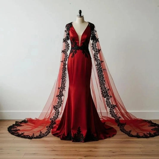 Burgundy Satin Deep V Black Lace Shawl Mermaid Train Gown NV6227