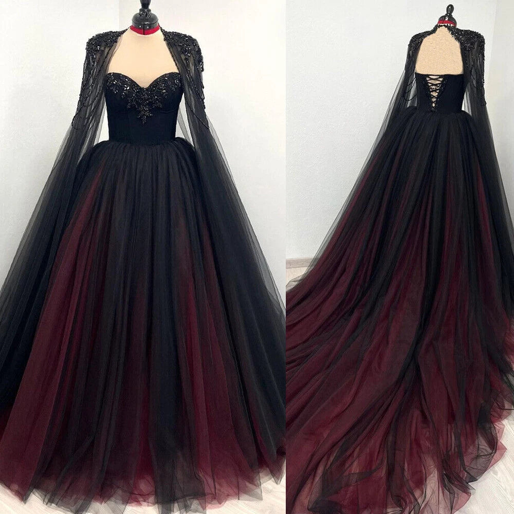 Sleeveless Black-Red Gradient Tulle Gown | Luxury Glam Cape Beaded Strapless Train Dress for Gala Ball NV6298