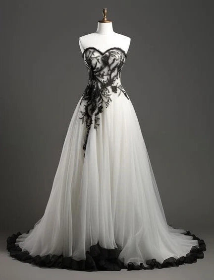 Dark Gothic Style Tulle Lace Strapless Floor-Length Train Ballgown Light Wedding Dress - Gown for Wedding Ceremony & Themed Party NV6333