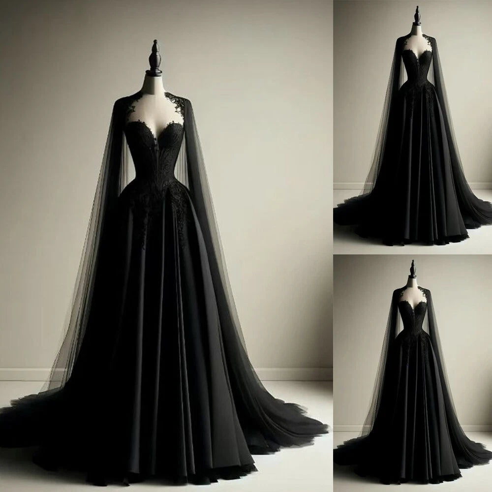 Dark Gothic Style Black Satin Lace Cape Train Gown - Witch Theme Dinner & Cosplay Dress NV6378