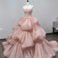Pink Elegant Sweet Fairy Exquisite Floral Applique Long Layered Tulle Ball Gown Evening Dress Wedding Dress nv3819