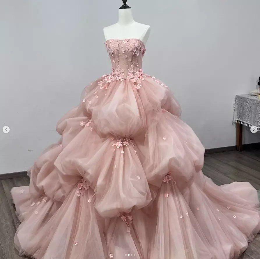 Pink Elegant Sweet Fairy Exquisite Floral Applique Long Layered Tulle Ball Gown Evening Dress Wedding Dress nv3819