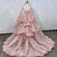 Pink Elegant Sweet Fairy Exquisite Floral Applique Long Layered Tulle Ball Gown Evening Dress Wedding Dress nv3819
