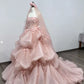 Pink Elegant Sweet Fairy Exquisite Floral Applique Long Layered Tulle Ball Gown Evening Dress Wedding Dress nv3819