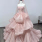 Pink Elegant Sweet Fairy Exquisite Floral Applique Long Layered Tulle Ball Gown Evening Dress Wedding Dress nv3819
