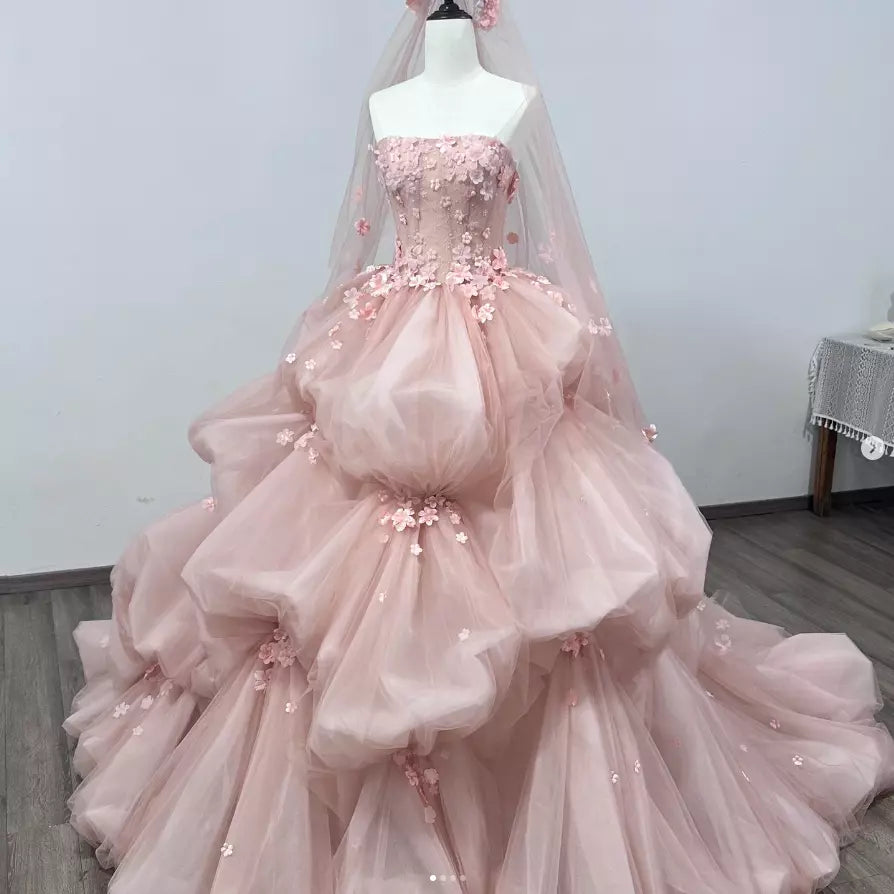 Pink Elegant Sweet Fairy Exquisite Floral Applique Long Layered Tulle Ball Gown Evening Dress Wedding Dress nv3819
