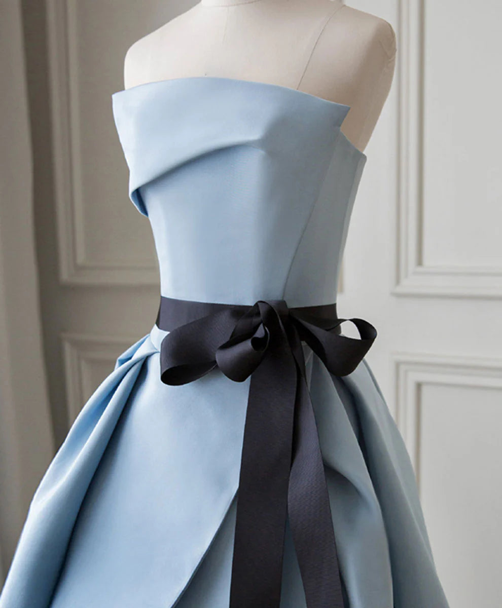 Robe de soirée longue en satin bleu sans bretelles élégante nv3187