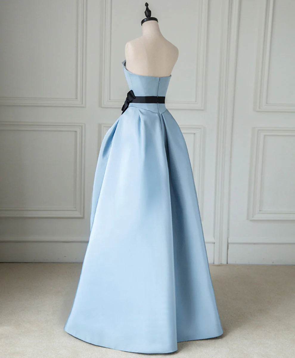 Robe de soirée longue en satin bleu sans bretelles élégante nv3187