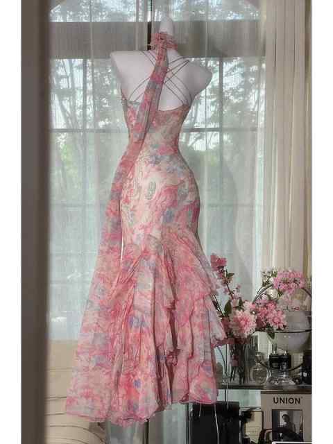 Elegant and romantic ruffled chiffon pink long prom dress nv5322