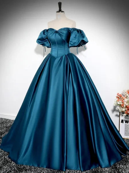 Robe de soirée longue en satin bleu paon à manches bouffantes et coupe trapèze nv2042