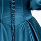 Robe de soirée longue en satin bleu paon à manches bouffantes et coupe trapèze nv2042