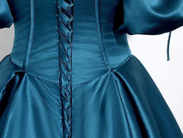Robe de soirée longue en satin bleu paon à manches bouffantes et coupe trapèze nv2042
