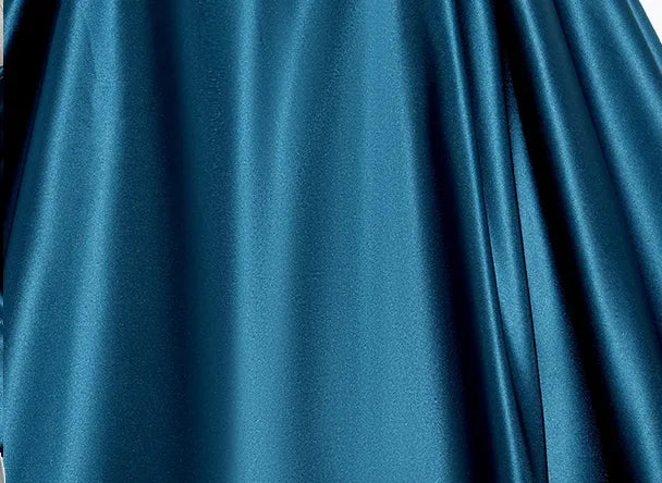 Robe de soirée longue en satin bleu paon à manches bouffantes et coupe trapèze nv2042