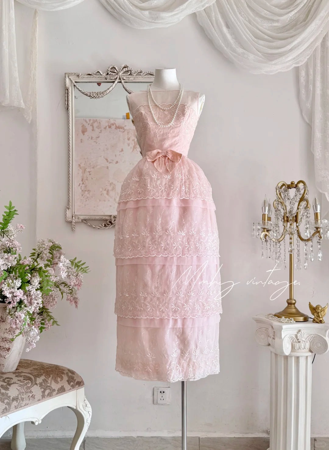 Pink retro cute fashion elegant embroidered flower bud dress long waist tulle velvet bow embellishment cake skirt ball dress evening dress prom dress nv4087