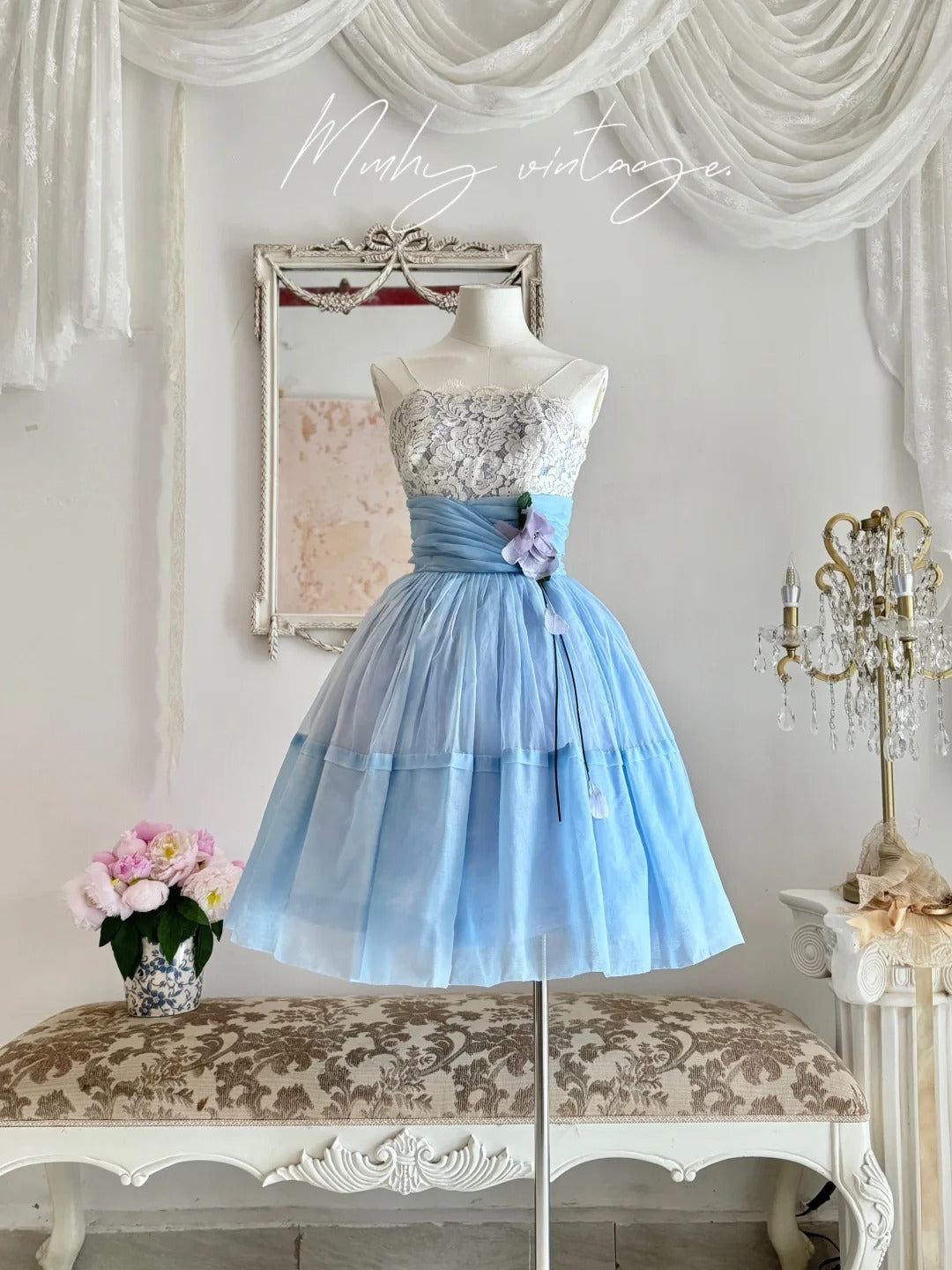 Blue sweet and cute Tutu dress with a purple flower around the waist, A-line skirt, mid-length/short prom dress, evening dress, adult ceremony dress, birthday dress, prom dress nv4097