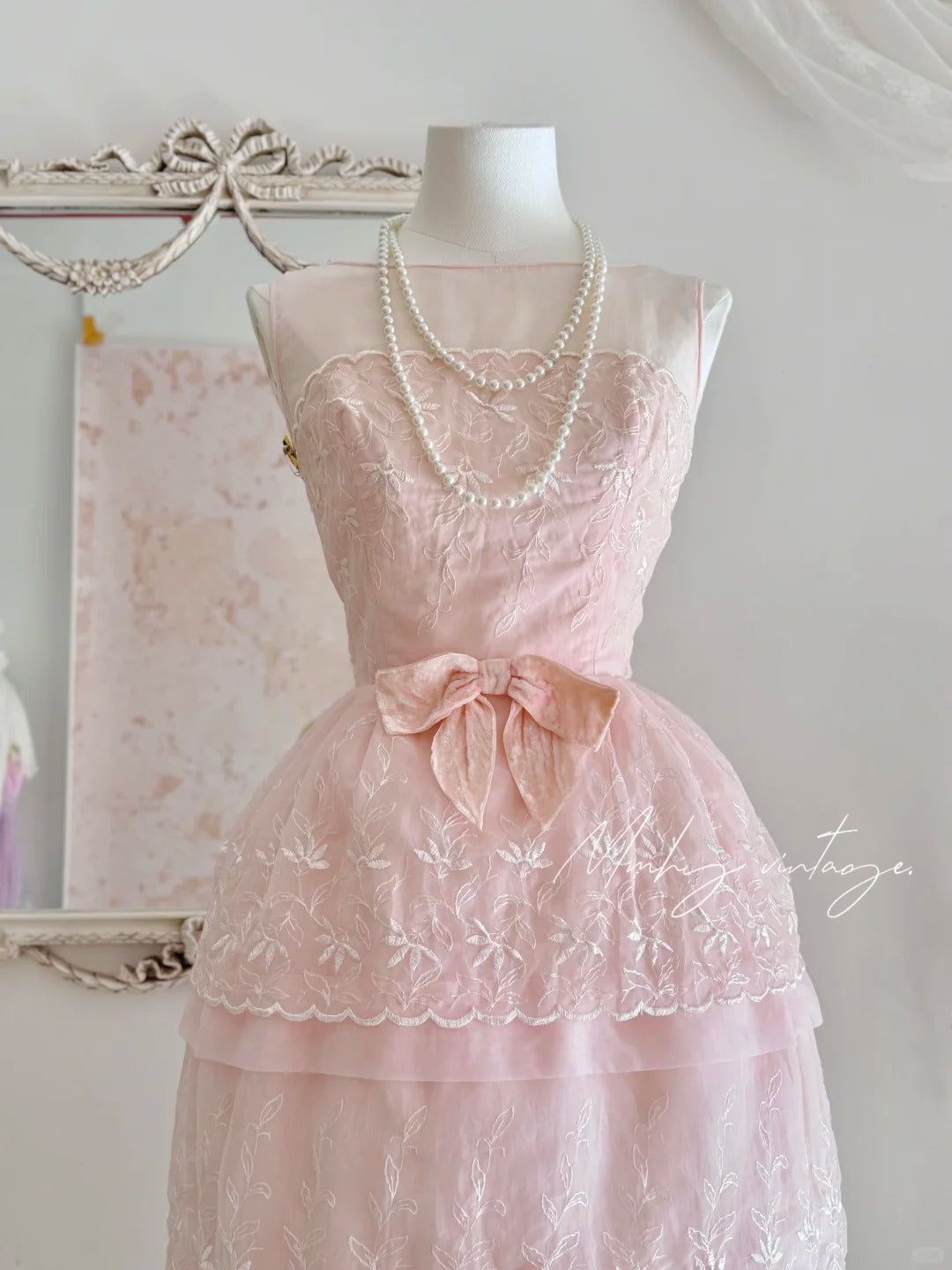 Pink retro cute fashion elegant embroidered flower bud dress long waist tulle velvet bow embellishment cake skirt ball dress evening dress prom dress nv4087