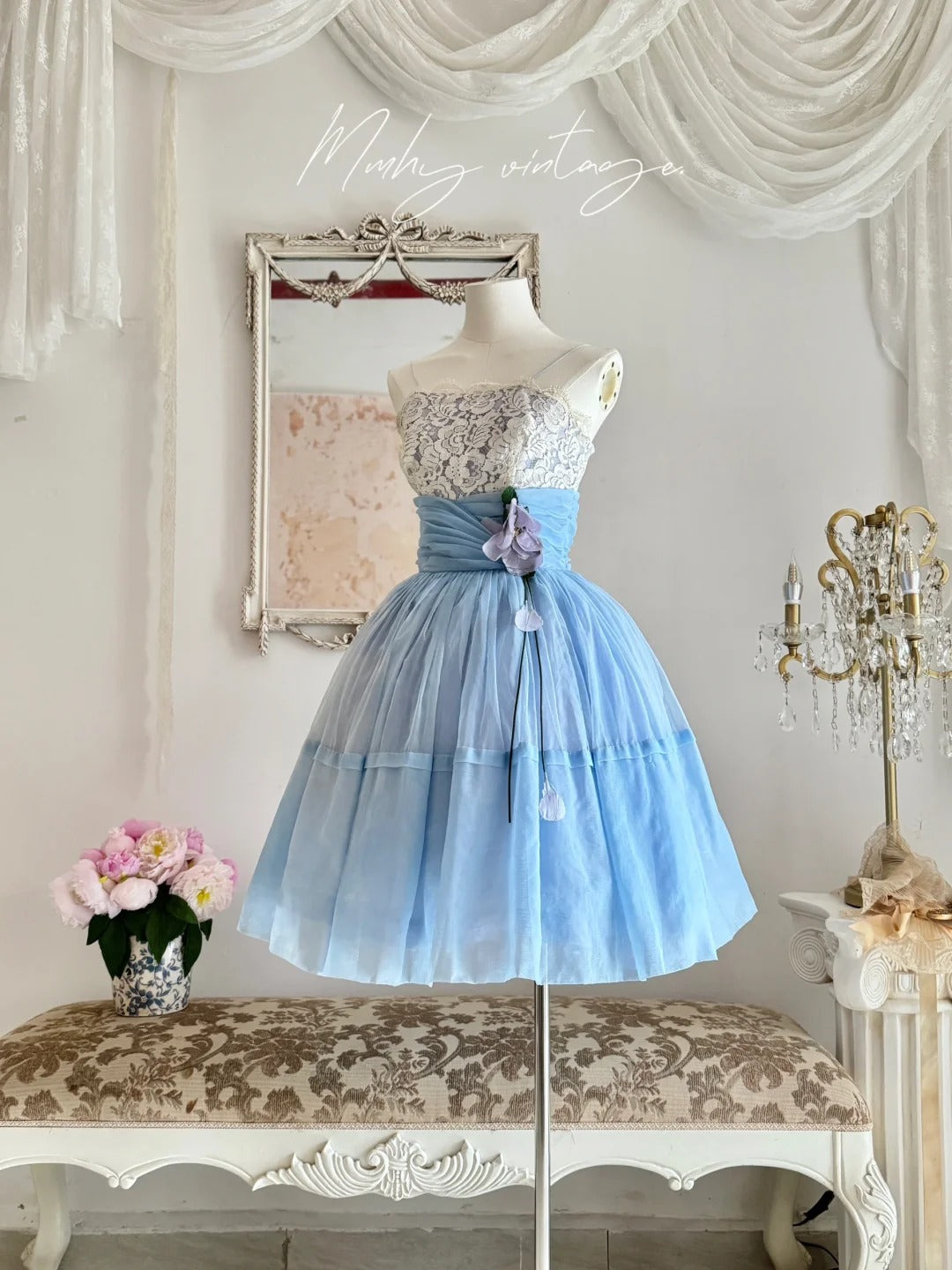 Blue sweet and cute Tutu dress with a purple flower around the waist, A-line skirt, mid-length/short prom dress, evening dress, adult ceremony dress, birthday dress, prom dress nv4097