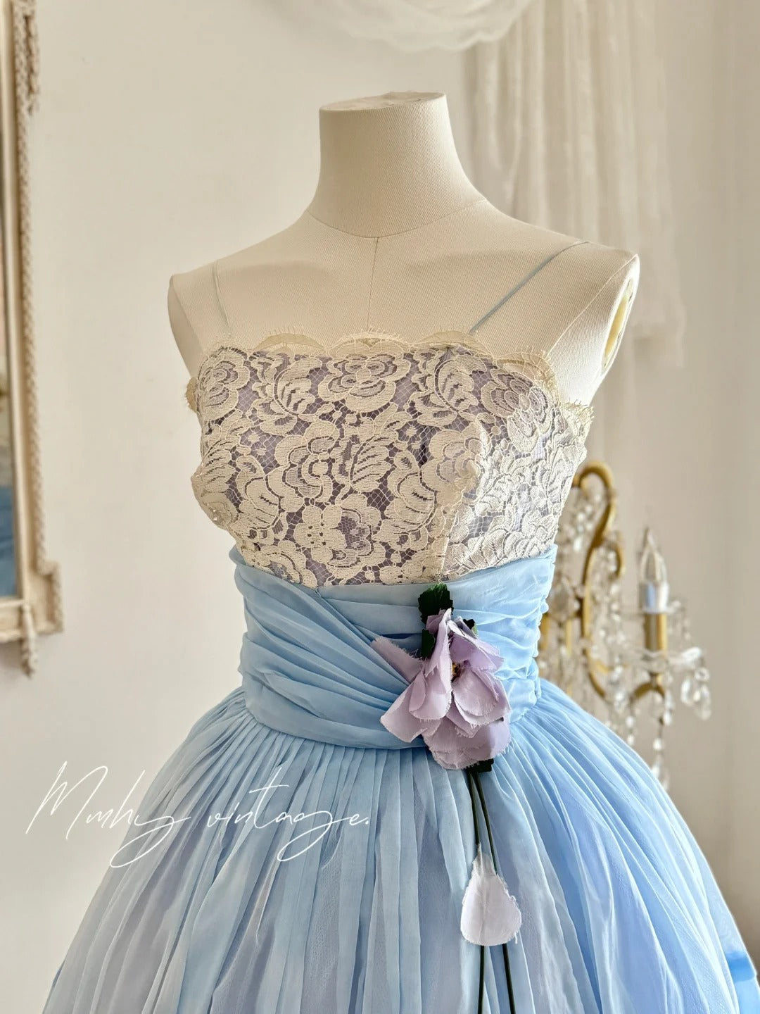 Blue sweet and cute Tutu dress with a purple flower around the waist, A-line skirt, mid-length/short prom dress, evening dress, adult ceremony dress, birthday dress, prom dress nv4097