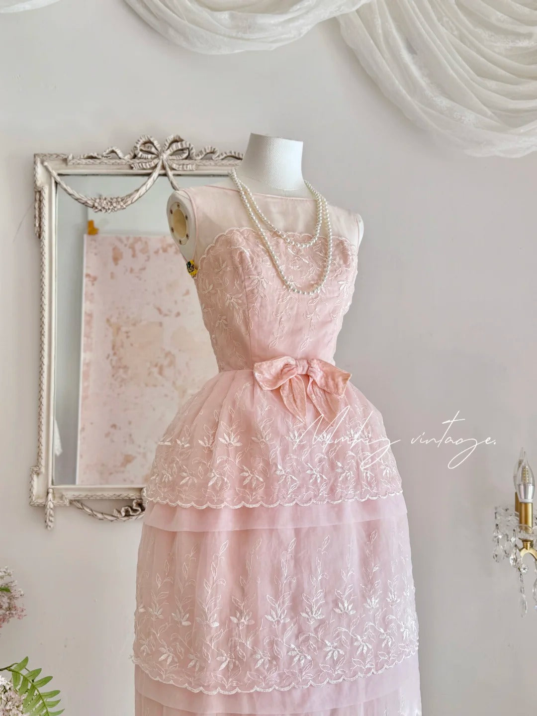 Pink retro cute fashion elegant embroidered flower bud dress long waist tulle velvet bow embellishment cake skirt ball dress evening dress prom dress nv4087