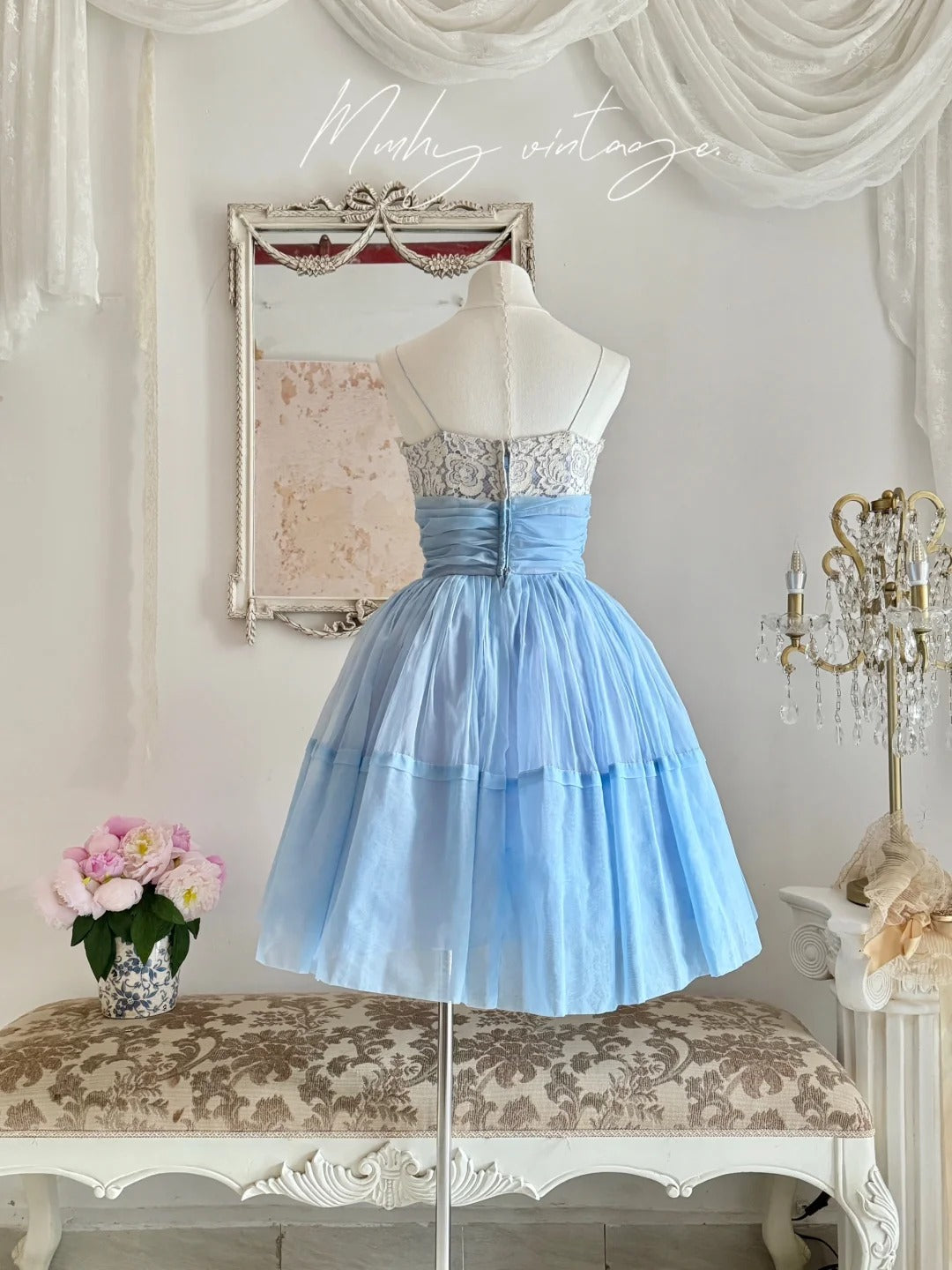 Blue sweet and cute Tutu dress with a purple flower around the waist, A-line skirt, mid-length/short prom dress, evening dress, adult ceremony dress, birthday dress, prom dress nv4097