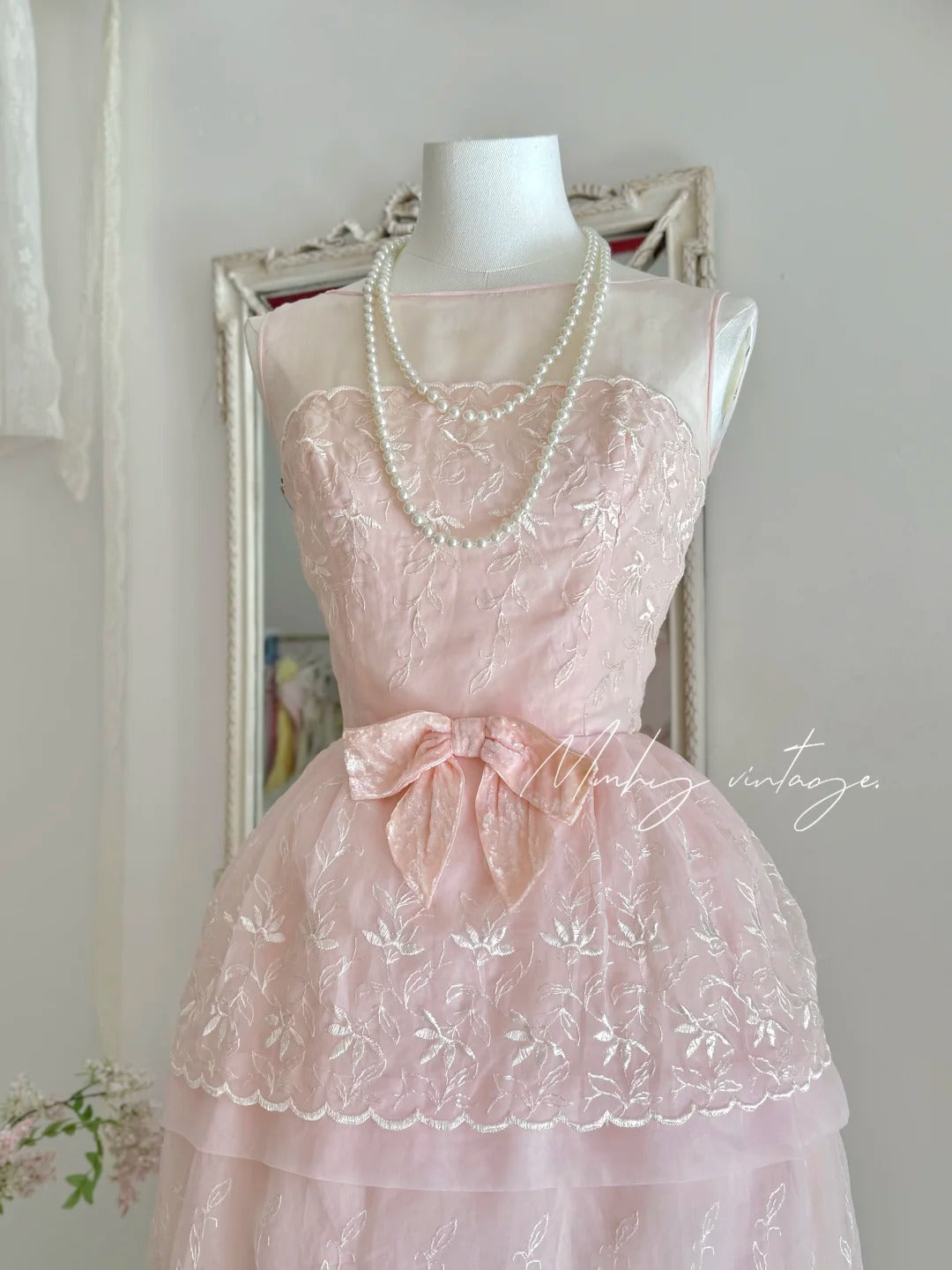 Pink retro cute fashion elegant embroidered flower bud dress long waist tulle velvet bow embellishment cake skirt ball dress evening dress prom dress nv4087