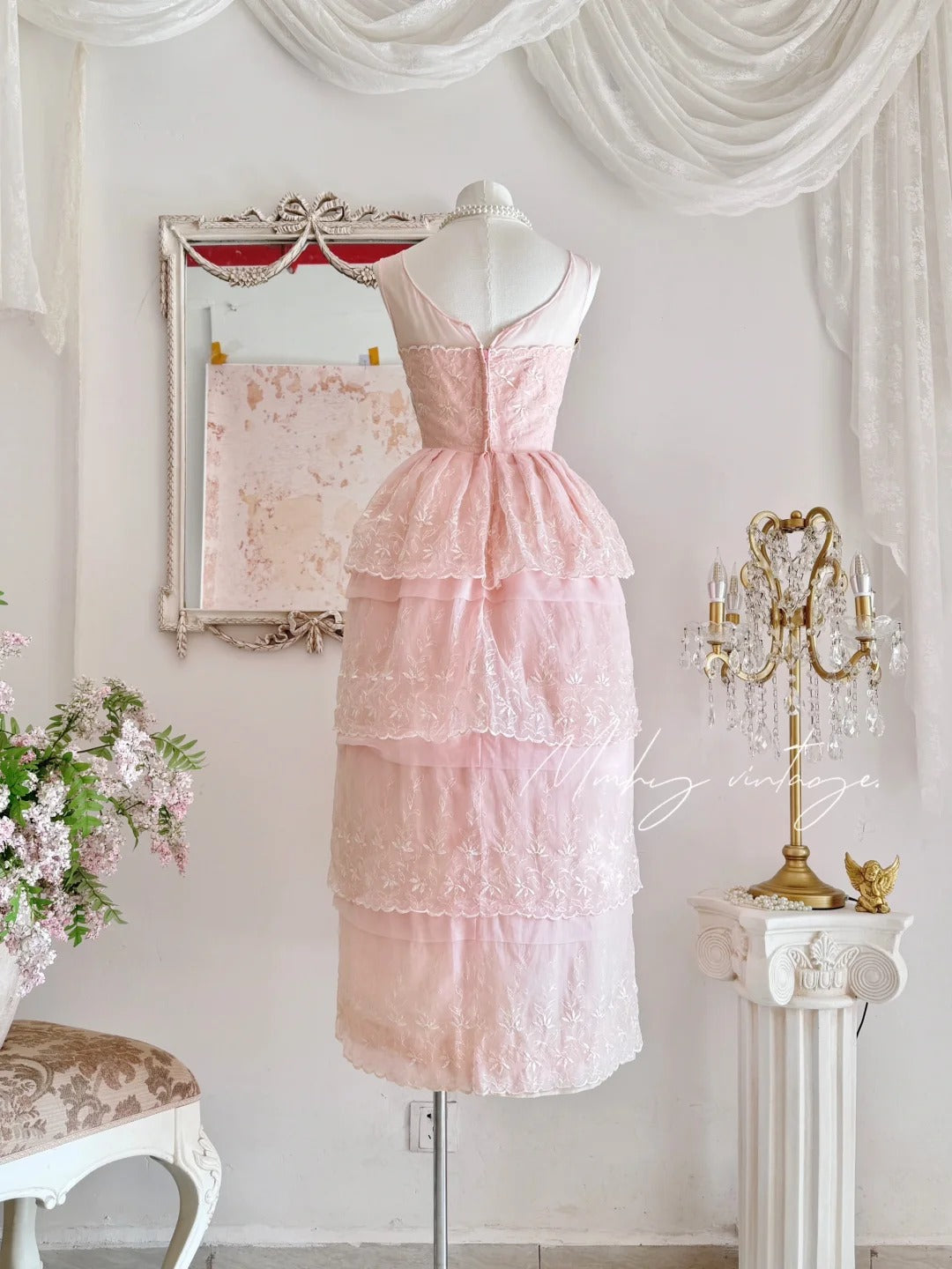 Pink retro cute fashion elegant embroidered flower bud dress long waist tulle velvet bow embellishment cake skirt ball dress evening dress prom dress nv4087