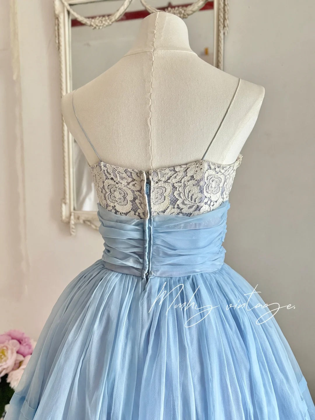 Blue sweet and cute Tutu dress with a purple flower around the waist, A-line skirt, mid-length/short prom dress, evening dress, adult ceremony dress, birthday dress, prom dress nv4097