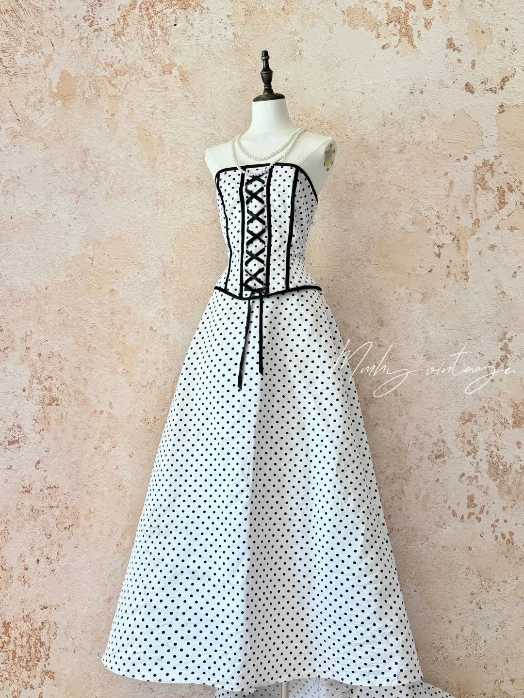 Black and white classic polka dot retro fashion A-line skirt bow tie long floor-length trailing tulle chiffon ball gown evening dress birthday adult ceremony party dress nv4092