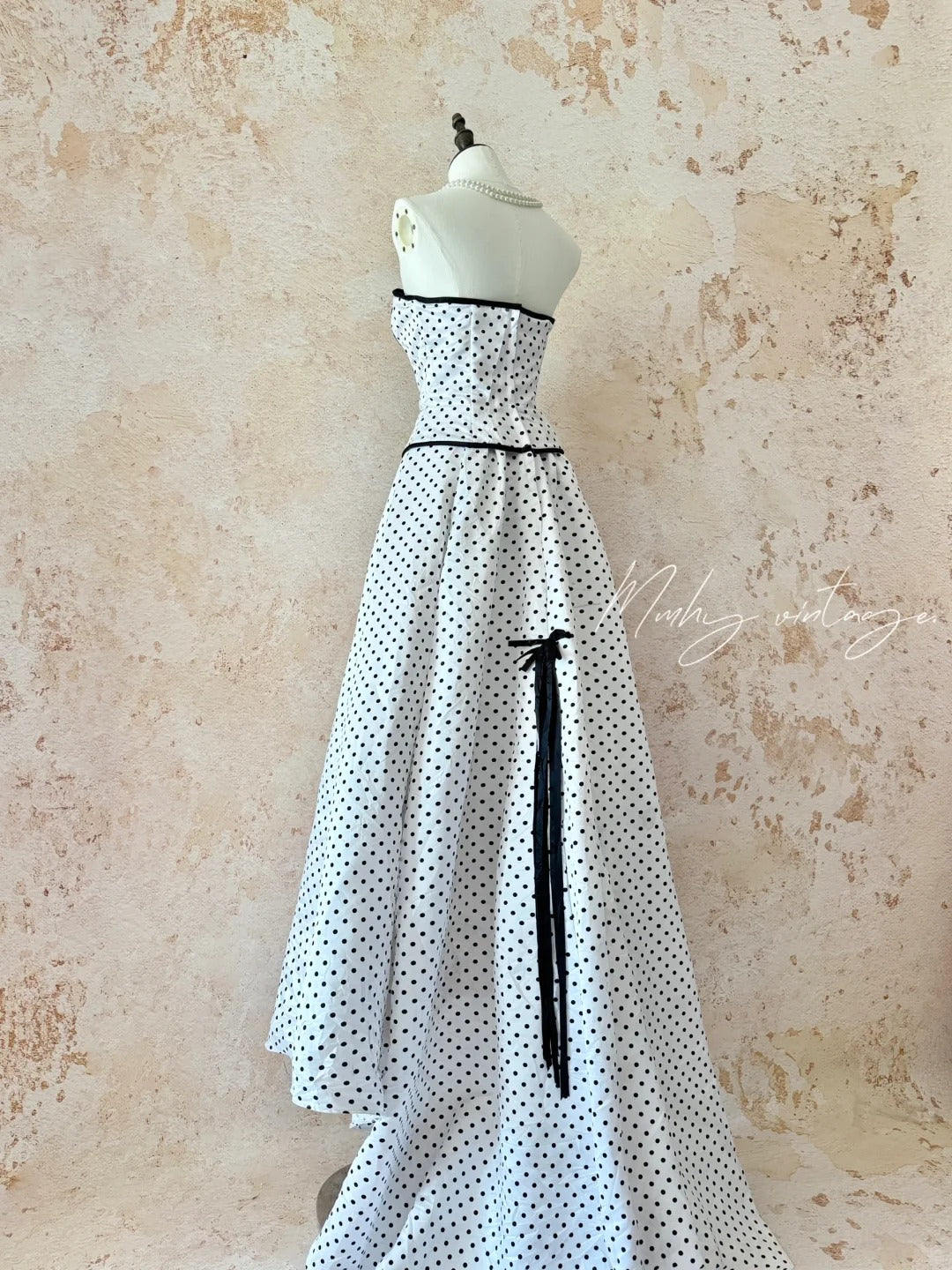 Black and white classic polka dot retro fashion A-line skirt bow tie long floor-length trailing tulle chiffon ball gown evening dress birthday adult ceremony party dress nv4092