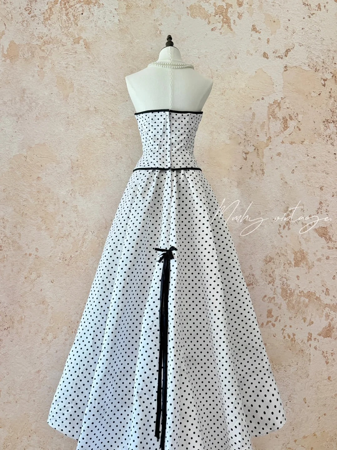 Black and white classic polka dot retro fashion A-line skirt bow tie long floor-length trailing tulle chiffon ball gown evening dress birthday adult ceremony party dress nv4092