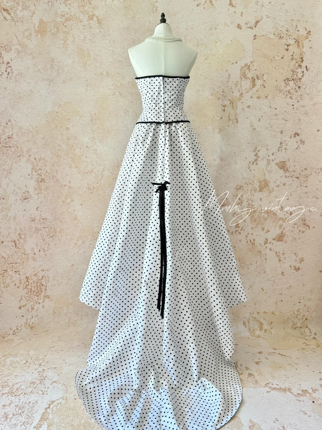 Black and white classic polka dot retro fashion A-line skirt bow tie long floor-length trailing tulle chiffon ball gown evening dress birthday adult ceremony party dress nv4092