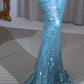 Robe de soirée longue en mousseline de soie, col en V, bleu brillant, à paillettes, nv5127