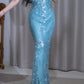 Robe de soirée longue en mousseline de soie, col en V, bleu brillant, à paillettes, nv5127